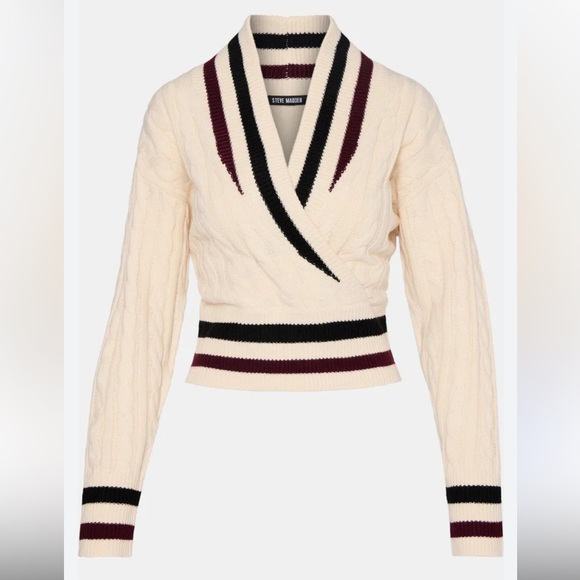 Steve Madden Sweaters - New Steve Madden V-Neck Sweater in Cream with Black and Burgundy Stripes size M